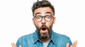 A man with glasses and a beard is making a surprised face photo