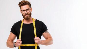 A man with a beard and glasses is holding a measuring tape photo