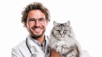 A man in a lab coat holding a cat photo