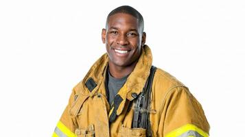 A smiling black man in a fireman's uniform photo