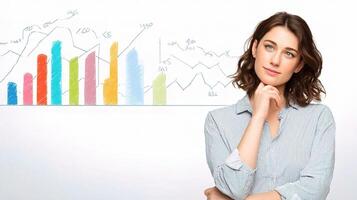 A woman is standing in front of a graph chart photo