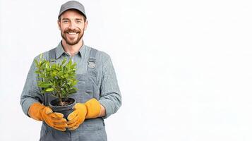 A smiling man in overalls holding a plant photo