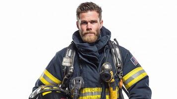 A bearded man in a fireman uniform photo