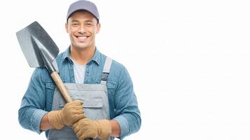 A man in overalls holding a shovel photo