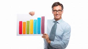 A man in a business suit holding up a chart photo