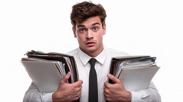 A man in a tie holding a stack of papers photo