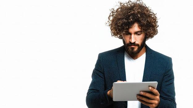 A man with curly hair and beard is using a tablet photo