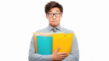 A man with glasses holding a folder photo