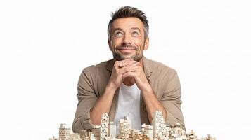 A man is looking up at a city with a city skyline photo