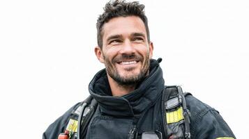 A man in a fireman's uniform smiling photo