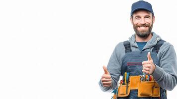 A man in overalls and a hat giving the thumbs up photo