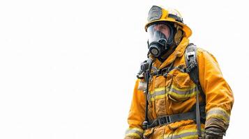 A firefighter in a yellow suit and gas mask photo