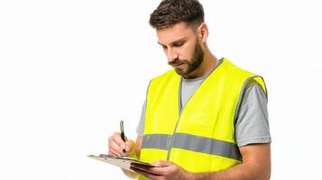 A man in a yellow vest writing on a clipboard photo