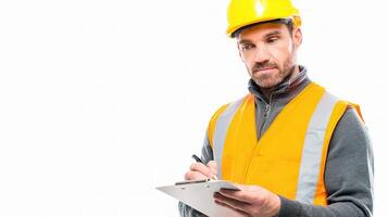A man in an orange vest and hard hat holding a clipboard photo