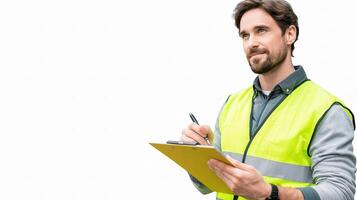 A man in a yellow vest holding a clipboard photo