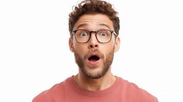 A man with glasses and a pink shirt is looking surprised photo