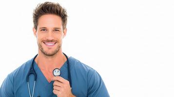 A man in a blue scrub suit is holding a stethoscope photo
