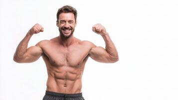 A man with no shirt showing off his muscles photo