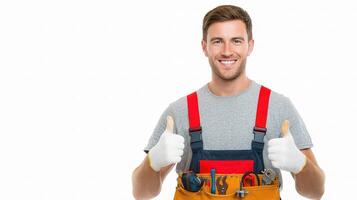 A man in overalls and apron holding a tool belt photo