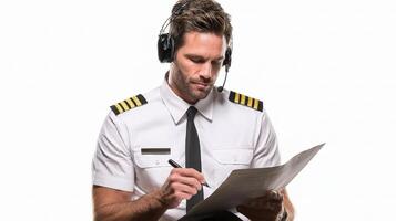 A pilot in uniform with headphones and a clipboard photo