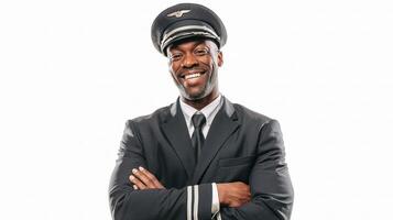 A black man in a pilot uniform smiling photo
