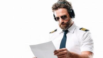 A pilot in a tie and glasses holding a piece of paper photo