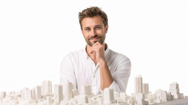 A man is sitting in front of a model of a city photo