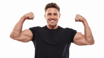 A man flexing his muscles on a white background photo