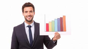 A man in a suit holding up a chart photo