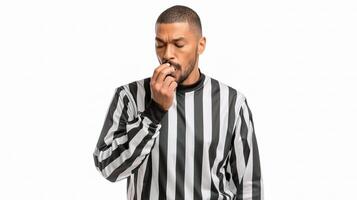 A referee is holding his mouth while looking at something photo