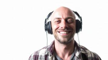 A man with headphones on smiling photo