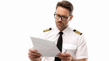 A man in a pilot uniform is holding a piece of paper photo