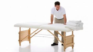 A man standing next to a massage table photo