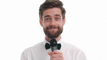 A man with a beard and bow tie holding a microphone photo