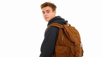 A young man with a backpack on his back photo
