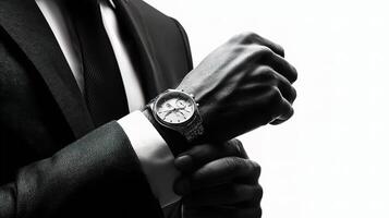 A man in a suit and tie is adjusting his watch photo
