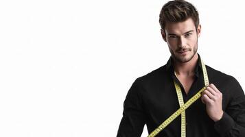 A man is holding a measuring tape around his neck photo