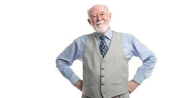 An older man with a beard and tie standing photo
