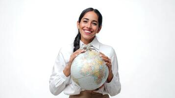 A woman in a business suit holding a globe photo