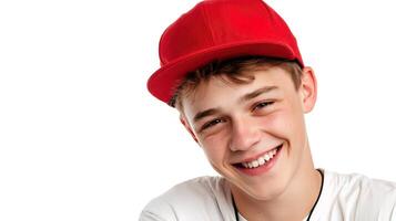 A young man wearing a red hat smiles for the camera photo