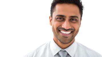 A man with a white shirt and tie smiles photo