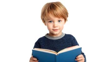 A young boy is holding an open book photo