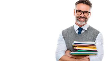 A man with glasses and a vest holding a stack of books photo