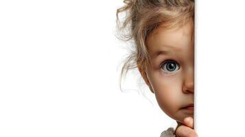 A little girl peeking out from behind a white wall photo