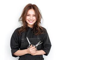 A woman in a black apron holding scissors photo