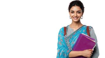 A woman in a sari holding a book photo