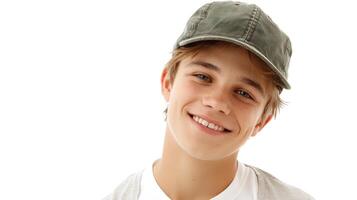 A young boy wearing a cap and smiling photo