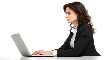 A woman in a business suit sitting at a desk with a laptop photo
