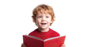 A young boy is holding a red book photo