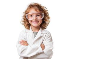 A young boy in a lab coat and goggles photo